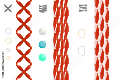 Vector set of fashion design elements featuring imitation of hand embroidery stitches like cross stitch and satin stitch in red color. Includes decorative details such as pearls, beads, rings, and