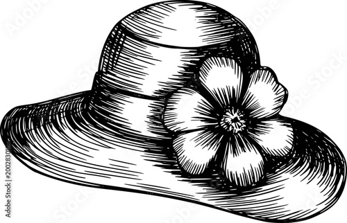 Vintage of a wide-brimmed hat with a flower accent white background, floral accessory