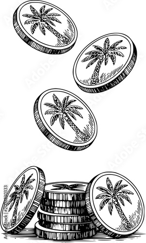 Vintage of palm tree coins falling and stacked white background, money