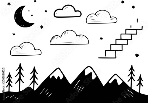 Whimsical hand-drawn night sky with mountains, clouds, moon, and stairs stars