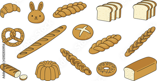 Large set of various artisanal breads and bakery products including baguette, croissant, pretzel, and sliced loaves isolated on white background.