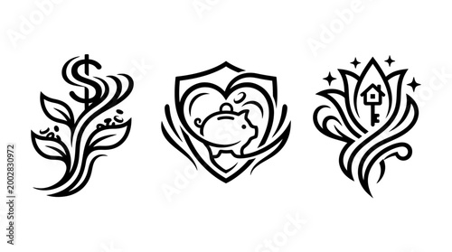 Elegant Financial Icons Representing Growth, Protection, and Security.
