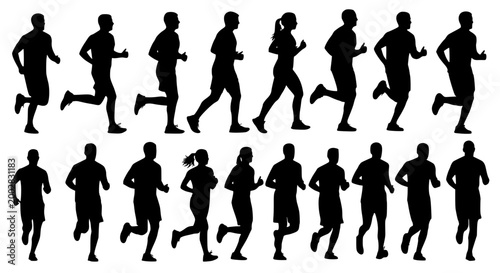 Running men and women, isolated vector silhouettes. Run, side view. Silhouettes of athletic looking male and female runners running. Transparent SVG version.