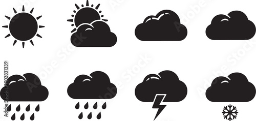 Eight weather icons set with sun, clouds, rain, storm and snow isolated on transparent background, Vector