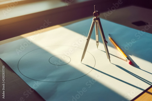 A metal compass and pencil rest on white paper with concentric circles, illuminated by sunlight casting shadows on a wooden surface.