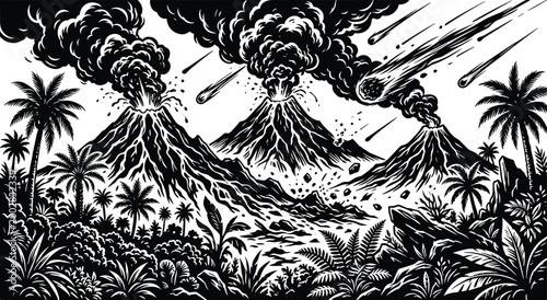 Prehistoric landscape with erupting volcanoes and falling meteorites, surrounded by lush tropical vegetation. black and white vector illustration depicting an ancient, cataclysmic world.