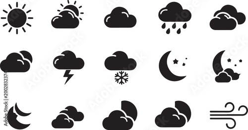 Set of weather condition icons in black and white isolated on transparent background, Vector