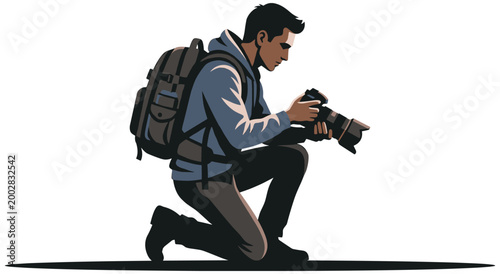 Male traveler holding dslr camera in squatting position for outdoor photography shot wearing casual hoodie and hiking bag against white background representing adventure and visual arts work.
