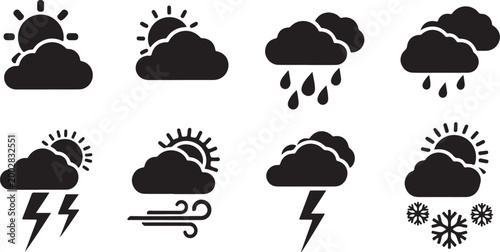 Black and white weather icons set isolated on transparent background, Vector