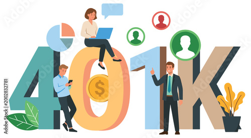 Financial planning concept featuring employees managing retirement funds near large digits. Professional people using phones and laptops for investment security and future wealth management.