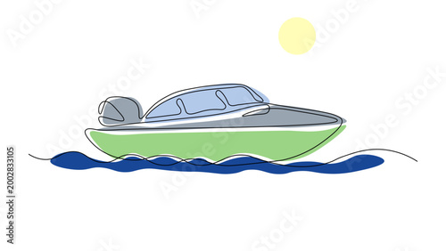 A continuous line drawing of a sleek luxury yacht navigating through calm waters, minimalist style. One line art