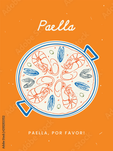 Spanish paella pan with shrimps and mussels in whimsical hand drawn line art style. Vector mediterranean seafood for poster, restaurant menu design, kitchen wall art, travel card, decor