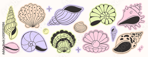 Colorful seashell sticker pack for scrapbook and collage design. Hand drawn doodle marine elements with pastel outlines. Vector illustration for stickers, packaging and summer decor.