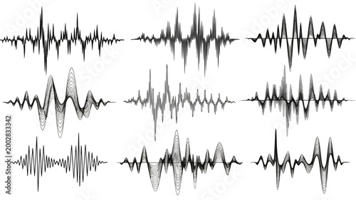 Sound Waveform Array: An intricate array of diverse sound waveforms, each representing a unique auditory pattern, interwoven in a visually captivating display.