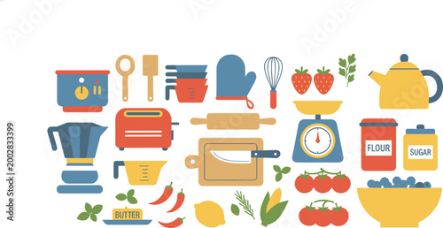 Modern kitchenware set with cooking tools and fresh food ingredients