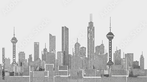 Urban Symphony: A striking city skyline, rendered in monochrome, showcases the architectural diversity and grandeur of a metropolis, illustrating the interplay of lines, light, and form.
