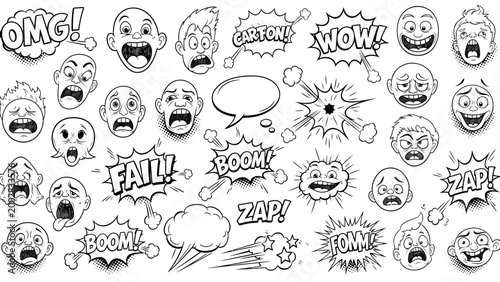 Comic Emotions: A vibrant display of comic book elements, showcasing a medley of emotive faces and dynamic speech bubbles, perfect for visual storytelling and creative expression.