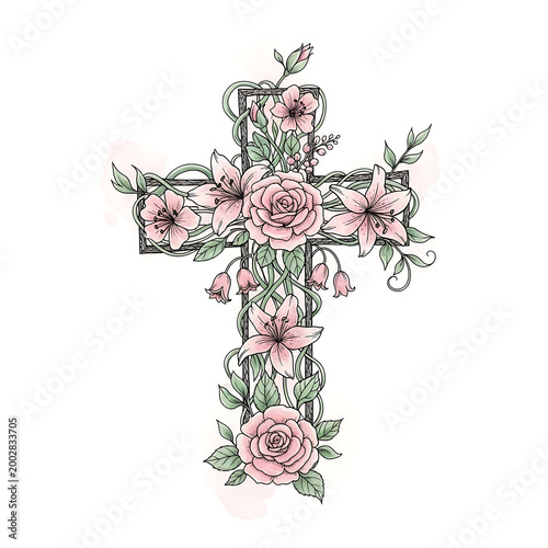 Easter Cross Made of Flowers Watercolor Isolated on White Background