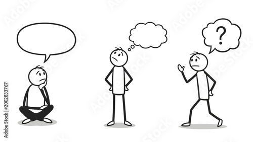 Abstract Thought Bubble Conversations: An illustrated scene depicting three stick figures with thought bubbles illustrating the complexity of thought and dialogue.