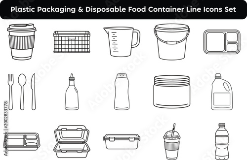 Plastic packaging and disposable food container line icons set simple vector graphics for delivery takeout and food service industry isolated on white background