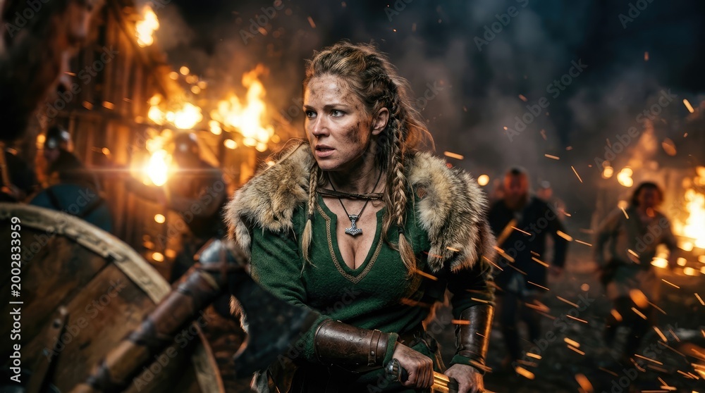 Fototapeta premium Viking woman in battle amid flames and smoke