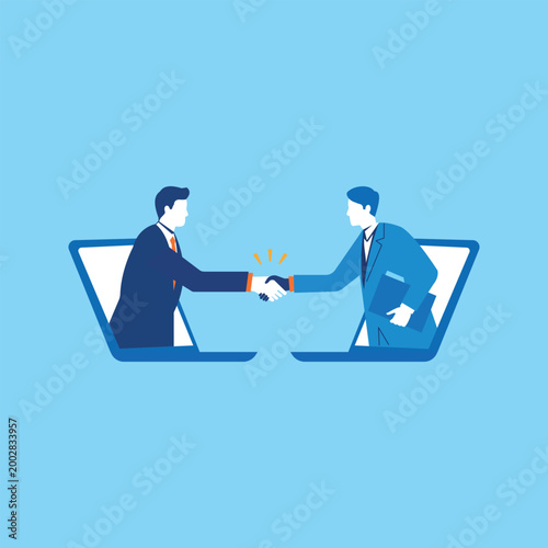Professional business handshake between two businessmen through laptop screens, virtual deal and online partnership concept, digital collaboration vector
