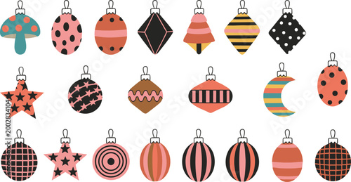 Set of 20 modern geometric Christmas tree baubles and holiday ornaments with various patterns isolated on white.