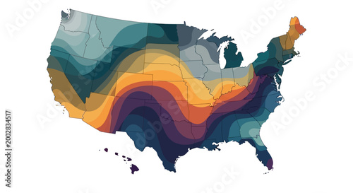 A stylized map of the United States is depicted with an isoline gradient, representing climate zones, with each zone displaying a distinct color variation from cool blues to warm oranges
