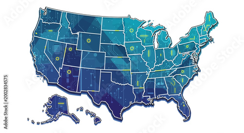 A stylized map of the United States is presented with a polygonal design, featuring a color gradient from dark blue to light blue across states, set against a clean white background