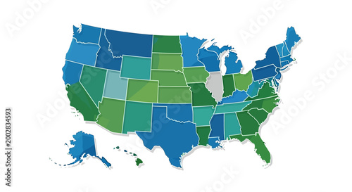 Illustrated map of the United States featuring varying shades of blue and green across different states, isolated on a clean white background, presenting a statistical or geographical