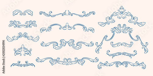 Set of curves, monograms, classical arcitecture decor. Design elements for frame, mirror, pattern, border. Baroque decor borders. Hand drawn, sketch traditional, antique ornaments, compositions.