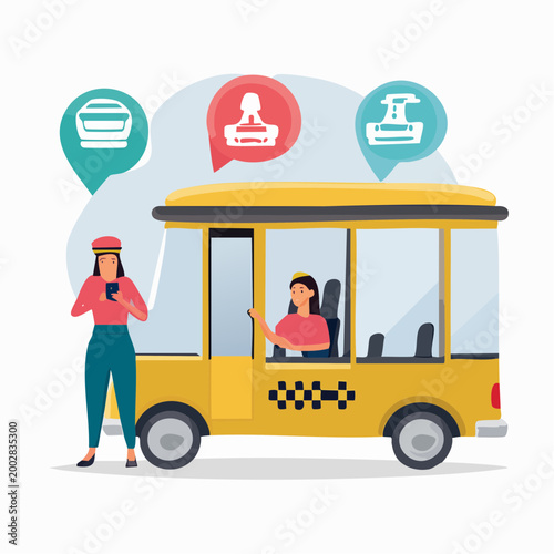 Taxi Service Illustration with App Booking and Icons