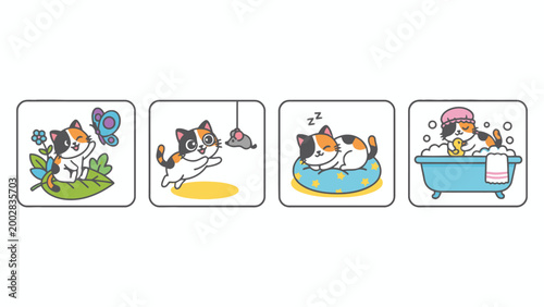Calico Cat Daily Activities Icon Set with Playing and Bathing