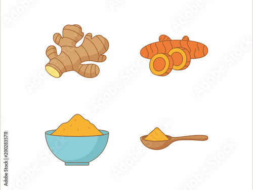 Ginger and Turmeric Spice Set with Powder Bowl and Spoon Vector