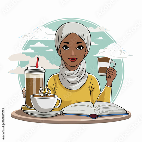 Woman in Hijab Enjoying Coffee and Reading a Book