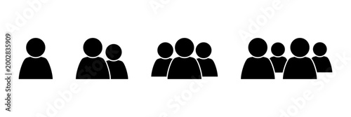 People silhouette user icon set with single person, pairs and bigger teams. Flat design simple vector user silhouettes. Isolated user avatar icons.