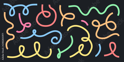 Set of festive colorful squiggly lines. Geometric abstract shapes of ribbons. Dynamic party element set.