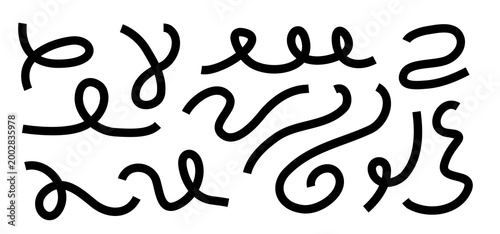 Squiggle line set. Festive element collection. Isolated squiggly vector party ribbons. Black on white.