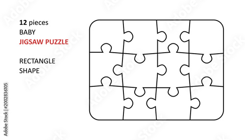 Jigsaw puzzle blank template. Cutting lines grid design for baby jigsaw rectangle puzzle - 12 pieces.
