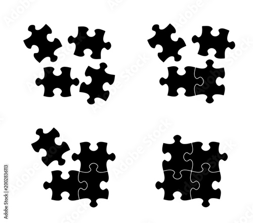 Puzzle pieces vector isolated object set. Four simple jigsaw puzzle pieces illustration. Stages of connecting the pieces together.