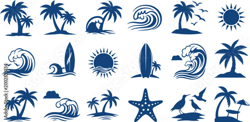 Vintage tropical beach icons set flat design isolated on transparent background, Vector