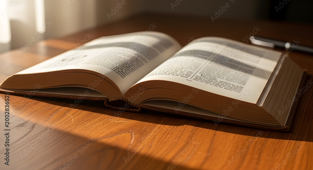 Fototapeta premium Open book with text on a wooden table close up photography high quality professional detailed modern