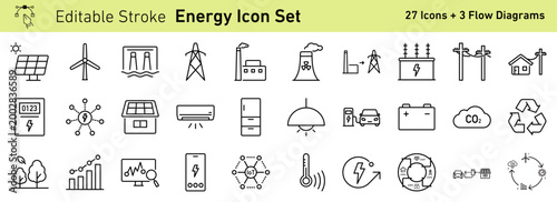 Editable Stroke Energy Vector Icon Set with Smart Grid Flow Diagrams