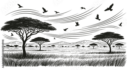 Black and white hand drawn panorama of safari wilderness. Scenic view of mountains and plains with birds soaring across sky. Detailed nature illustration of acacia woodland and grassy horizon.