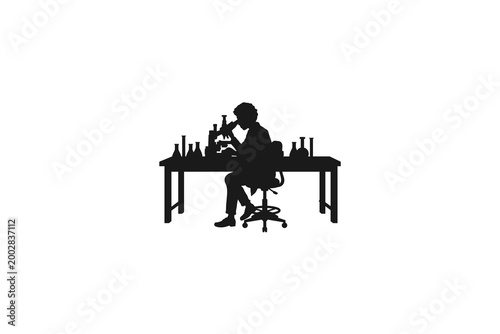 Scientist silhouette working with a microscope and flasks in a laboratory