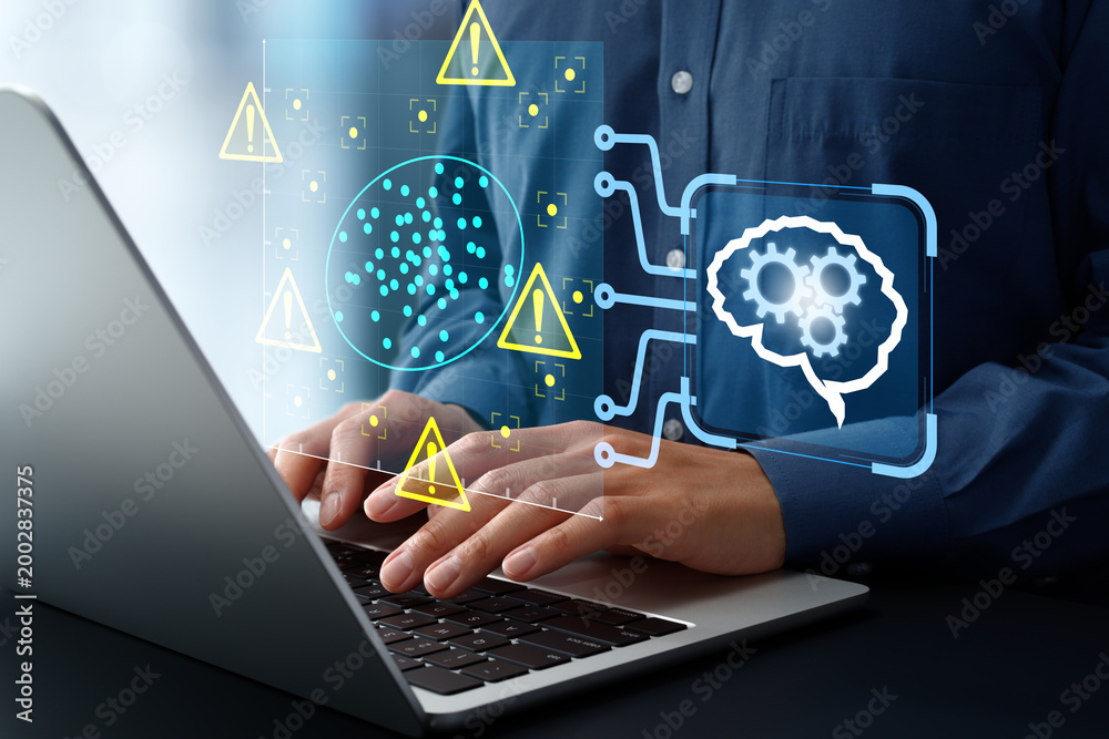 Naklejka premium Anomaly detection using machine learning. Identification of unusual patterns in data. Engineer using laptop computer to detect anomalies in network traffic and system behavior.