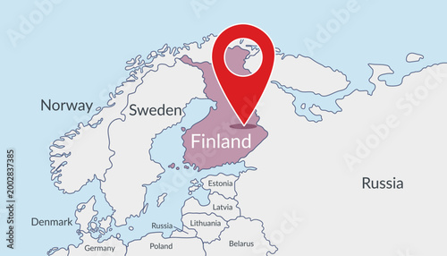 Finland on the Europe map with pin location marker. Vector flat template.