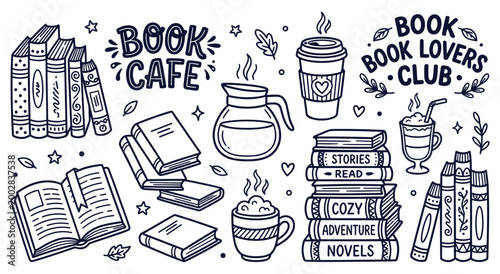 Assortment of elements related to reading, books, and coffee culture, including stacks of books, open books, coffee cups, and cafe-themed typography,