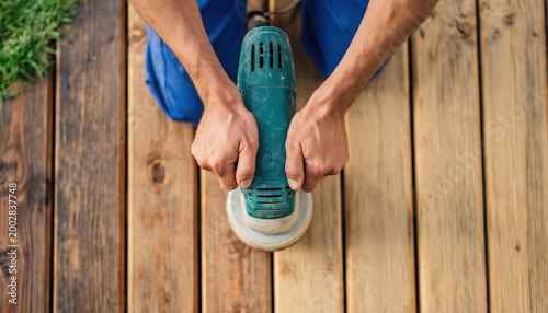 Home improvement project deck restoration and maintenance Man sanding wooden deck with power sander for refinishing and preserving wood surface outdoors. High quality photo