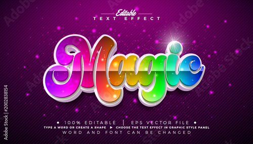 Magic Editable Text Effect Design Vector Graphic Style with Colorful Rainbow 3d Typography on Purple Background. Customizable Mockup Template Illustration for Unicorn Greeting Card, Fantasy Banner